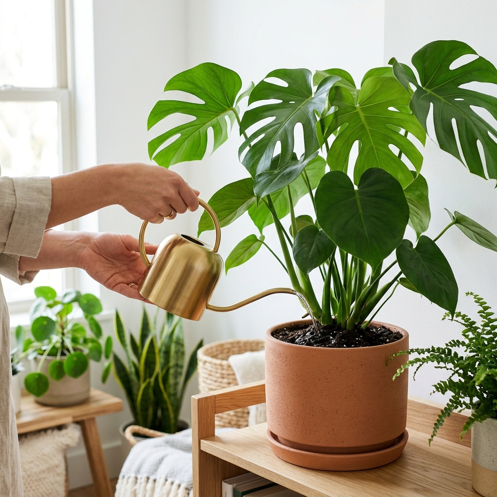Watering indoor plants with a gold watering can