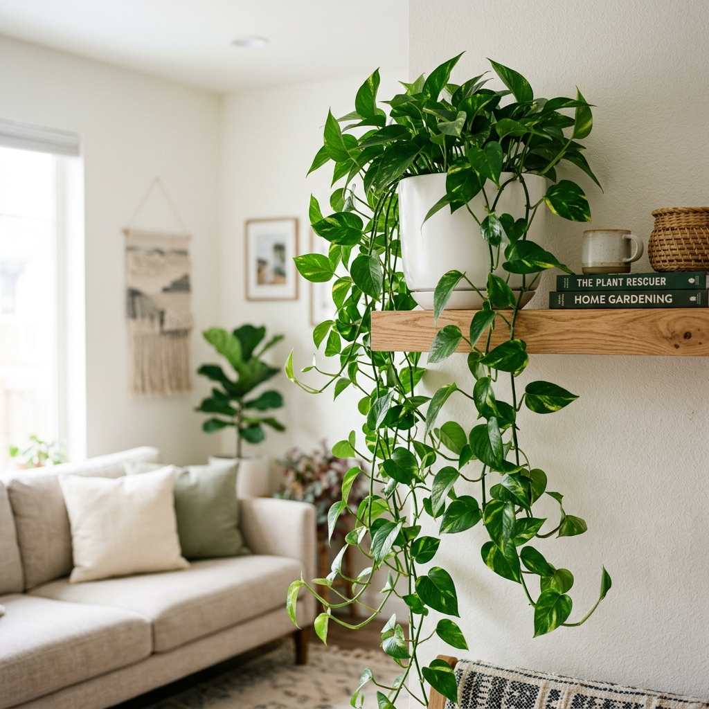 A lush trailing Golden Pothos plant