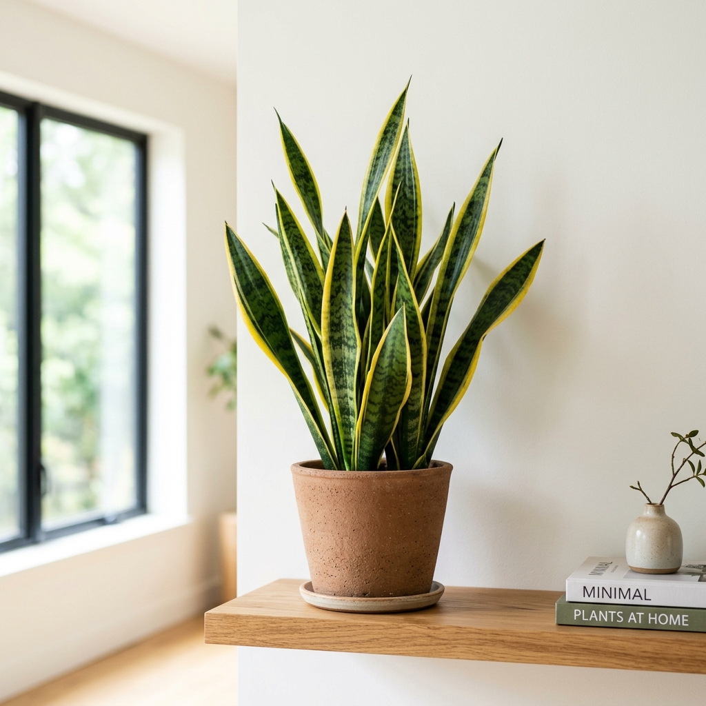 A healthy snake plant in a terracotta pot