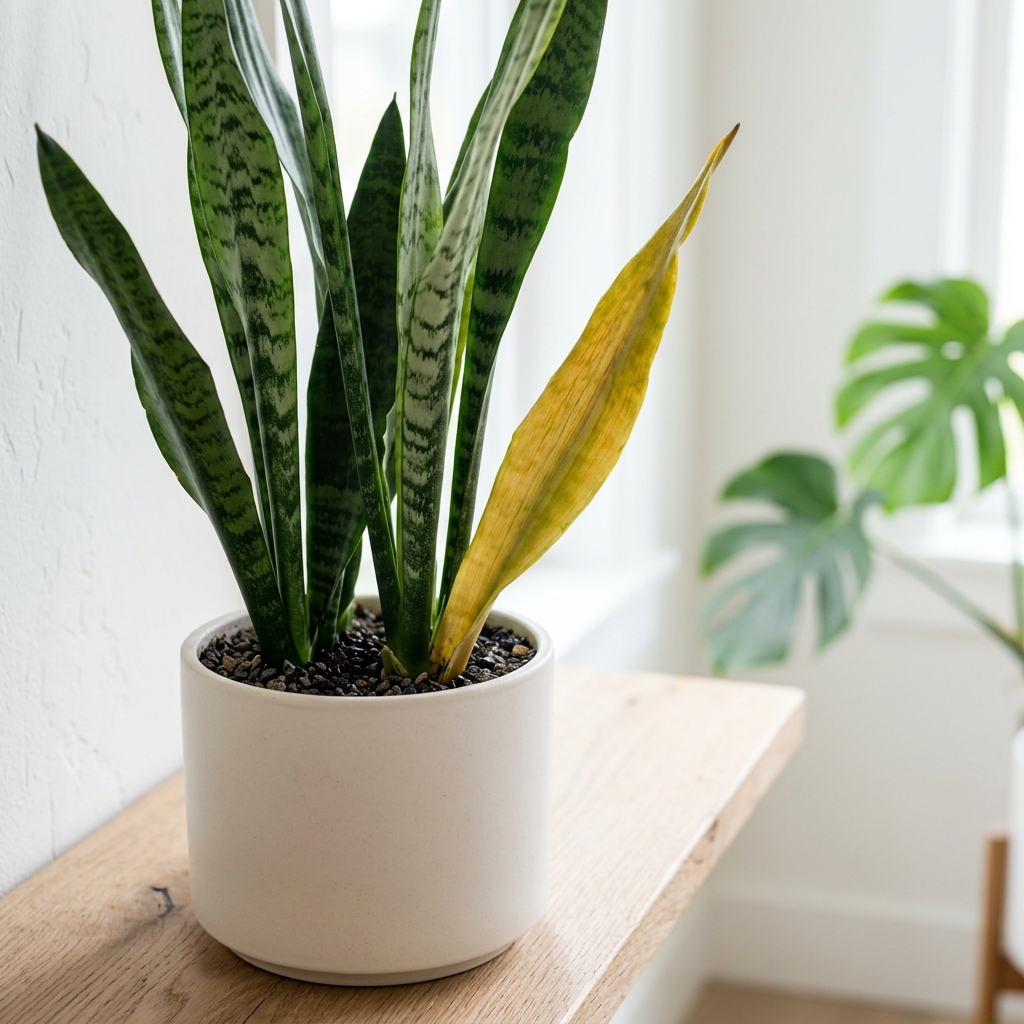 A snake plant with one yellow leaf